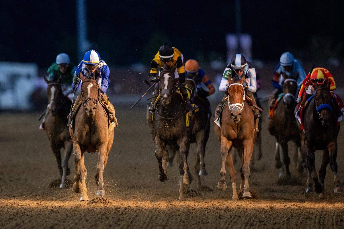 Always a Runner, left, with Jose Ortiz up, wins the 2026 Kentucky Oaks on Friday, May 1, 2026, at Churchill Downs in Louisville, Kentucky. This is Ortiz’s second win in the Oaks.