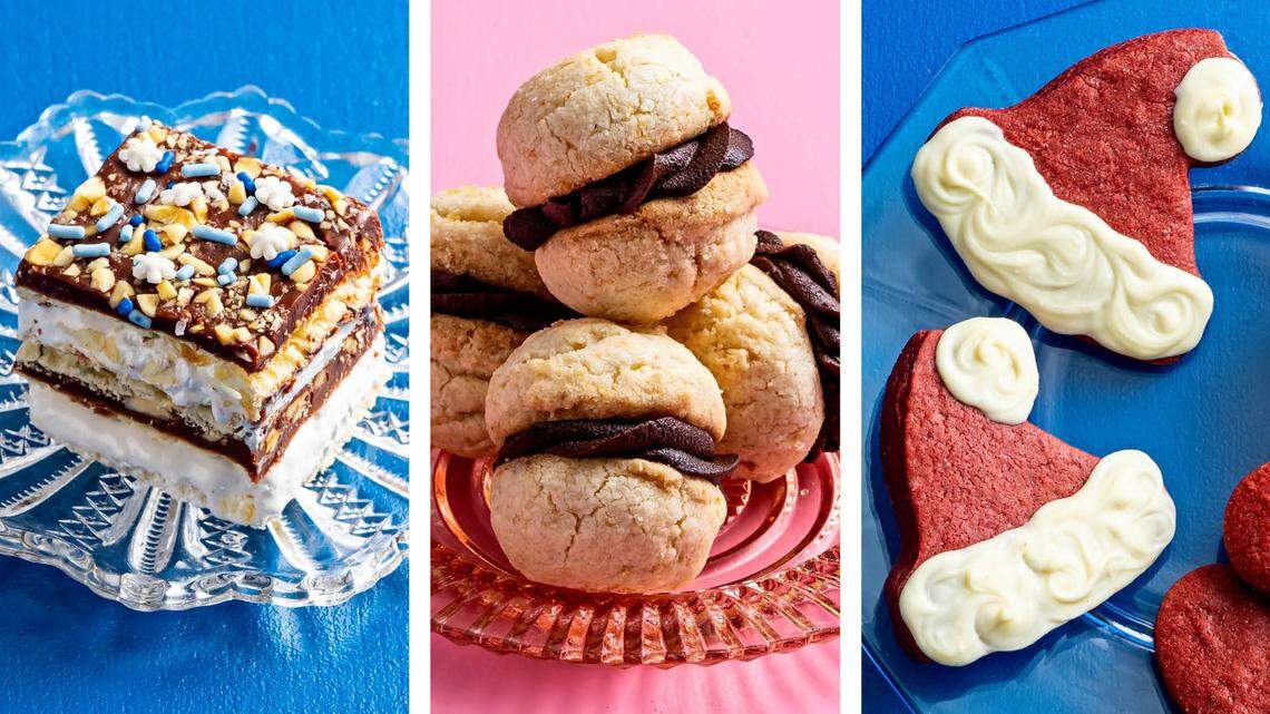 From left, Saltine S’mores, Chocolate Macadamia Nut Kisses and Red Velvet Santa Hat Cookies are three unusual cookies that will win your holiday party.