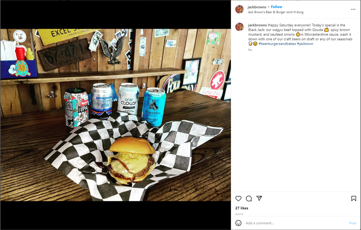 One of the daily specials from Jack Brown’s Beer & Burger Joint, the Black Jack featuring Wagyu beef topped with Gouda, spicy brown mustard and sautéed onions in Worcestershire sauce.