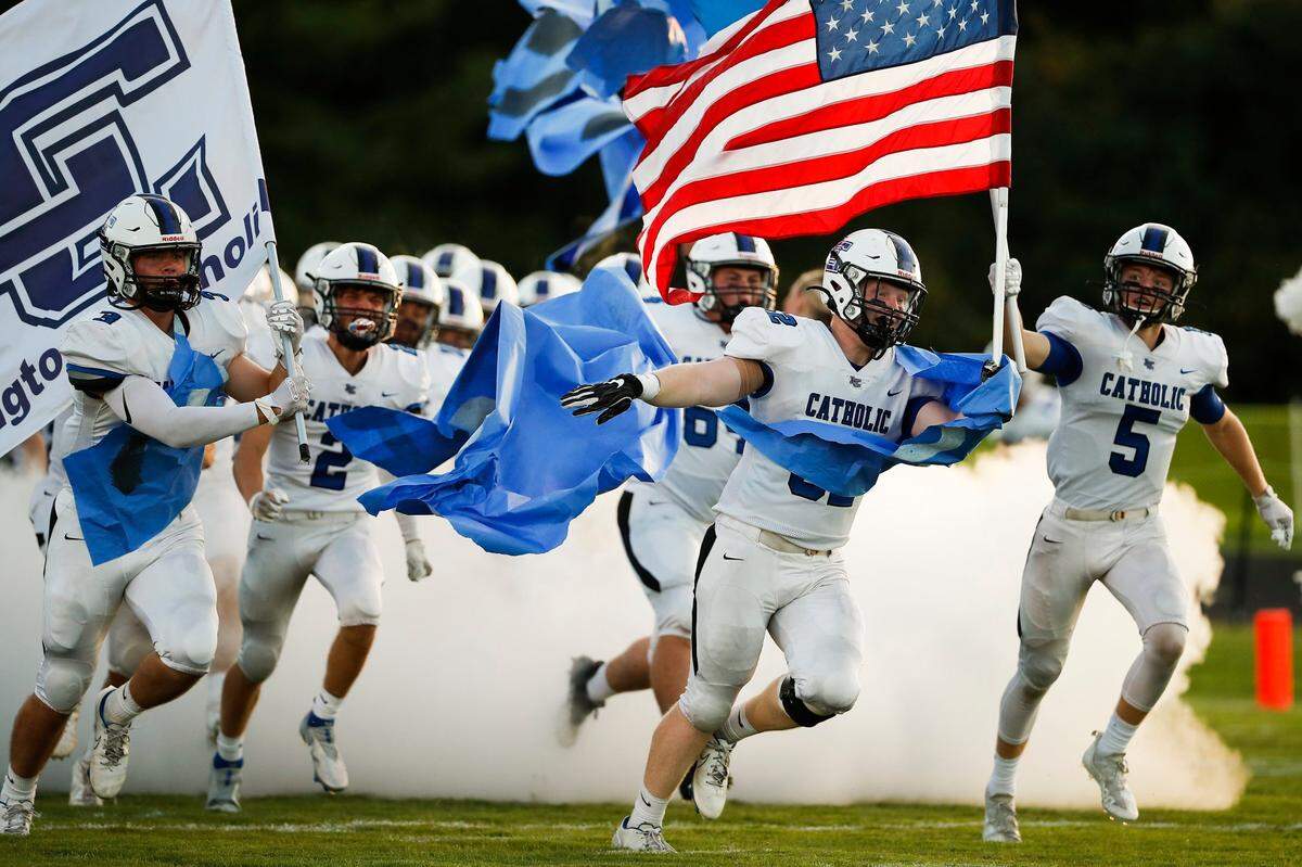 Lexington Catholic took the field during a game against Lexington Christian at Lexington Christian Academy Friday. LCA defeated Lexington Catholic 43-7.