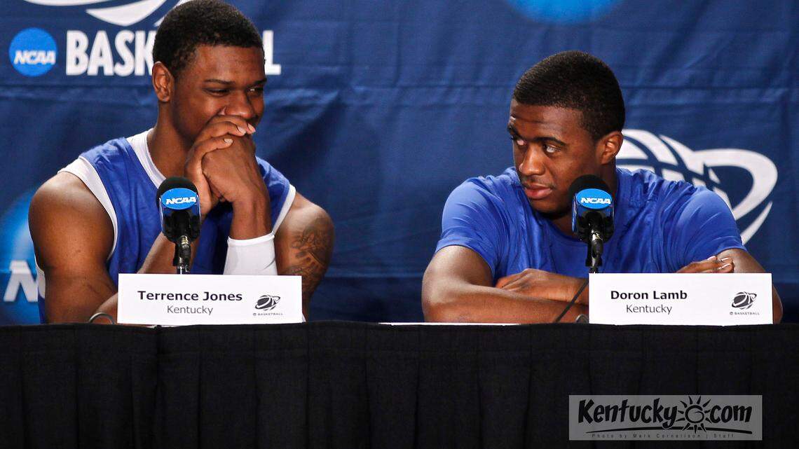 Kentucky Wildcats forward Terrence Jones (3) joked with Doron Lamb as #1 Kentucky  talked to the media  on Saturday  March 24, 2012 in Atlanta, GA. Photo by Mark Cornelison | Staff