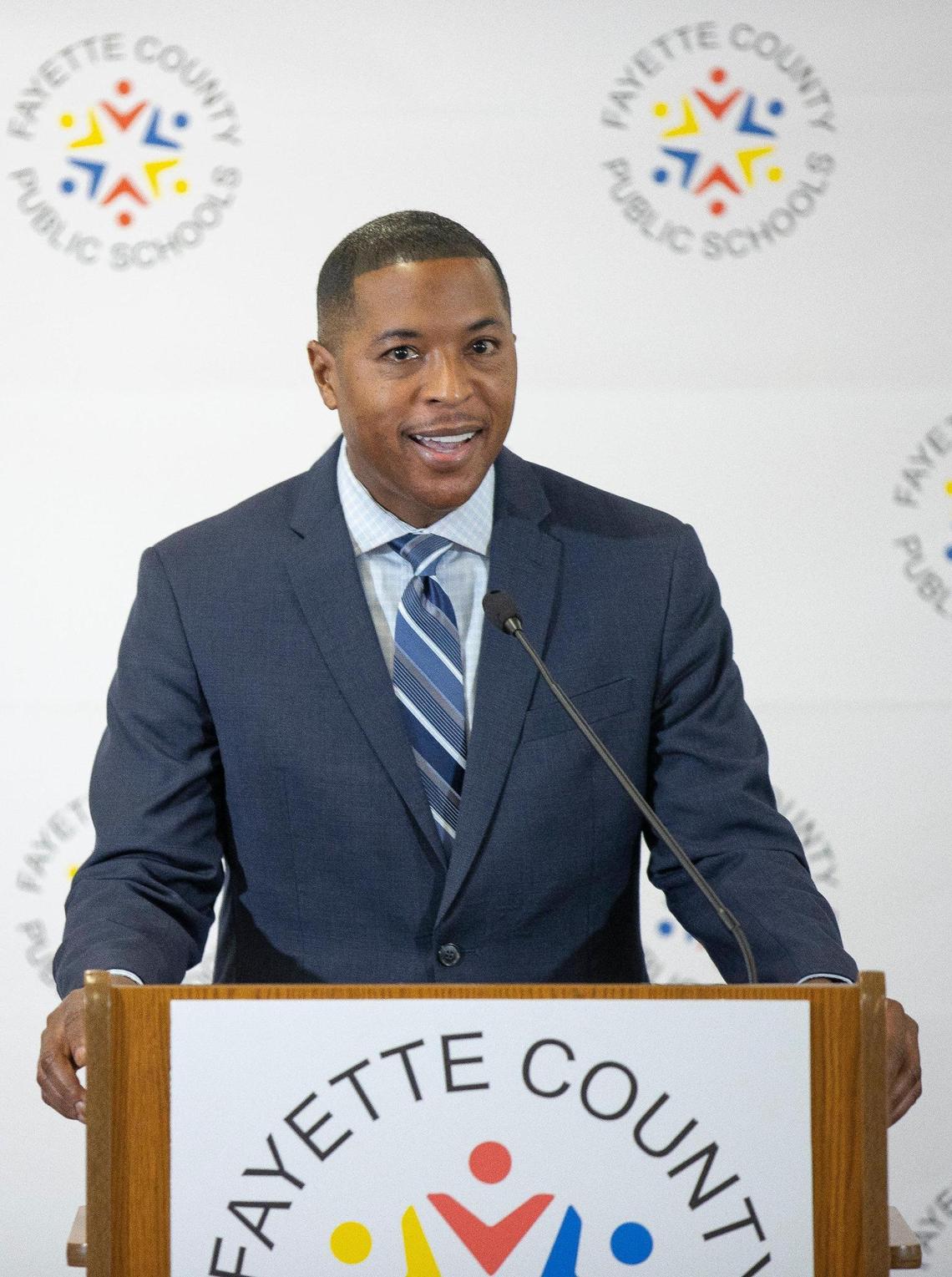 Demetrus Liggins speaks at a press conference after being named the new superintendent of Fayette County Public Schools on Friday, June 4, 2021 at the FCPS John D. Price Building in Lexington, Ky.
