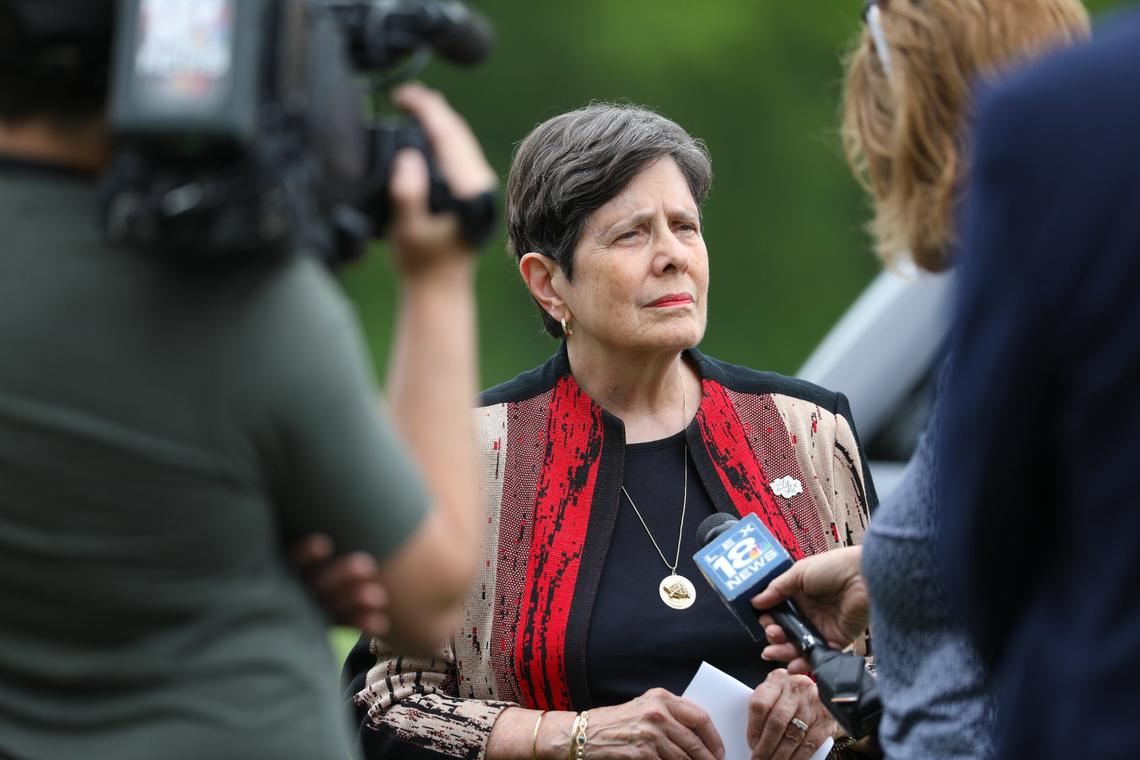 Lexington Mayor Linda Gorton speaks with the media before the groundbreaking ceremony at the new Legacy Business Park on June 18, 2025, in Lexington, KY.
