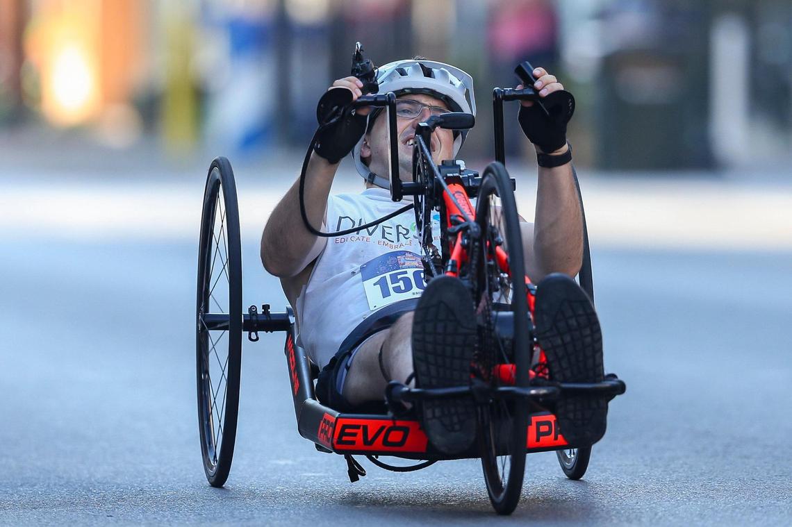 Jason Wilke won first place in the hand cycle division on Friday.