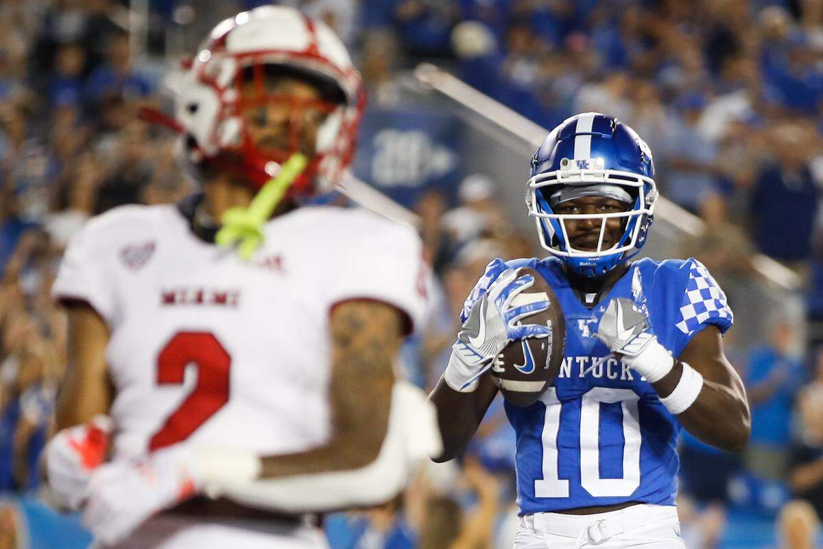 Kentucky’s Chauncey Magwood celebrates scoring a touchdown, the first of his career, against Miami (Ohio) on Saturday, Sept. 3, 2022.