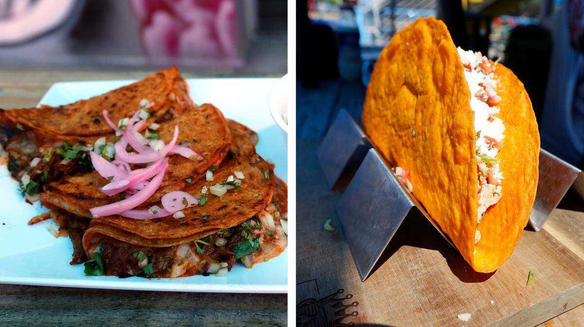 Barbacoa quesa-tacos, left, and the Mucho Grande, a foot-long hard shell taco from El Cid.