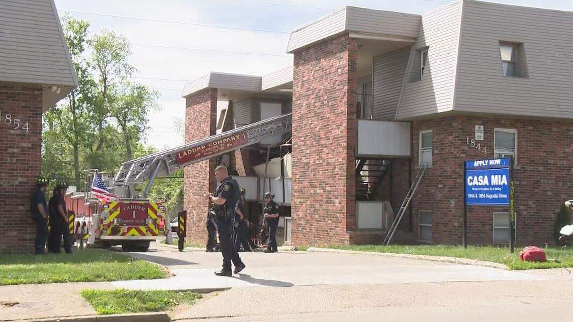 A third-floor concrete patio fell on top of the second floor at Casa Mia Apartments on Augusta Drive in Lexington, Ky. on April 17, 2026.