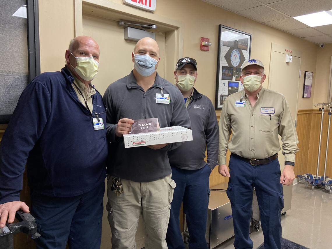 Facilities staffers at Saint Joseph East received Krispy Kreme doughnuts, among many donations to hospitals, first responders and more.