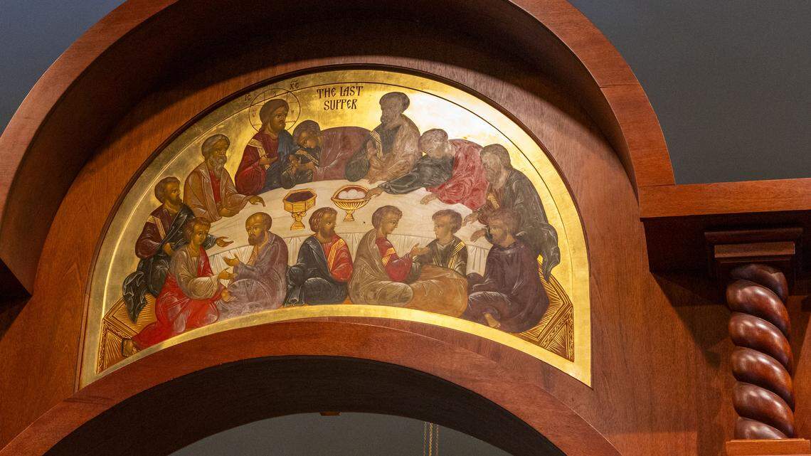 Part of the solid mahogany iconostase made for Lexington's St. Andrew Orthodox Church by Ksenia Pokrovsky depicts The Last Supper above the royal doors that lead inside to the altar. 