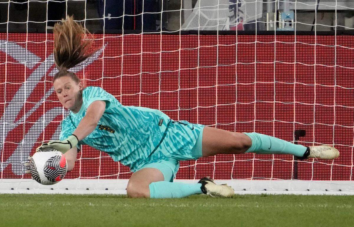 United States goalkeeper Alyssa Naeher (1) saves a penalty kick against Canada during the 2024 SheBelieves Cup at Lower.com Field in Columbus, Ohio. The U.S. will play Argentina in a match at Louisville’s Lynn Family Stadium in October.
