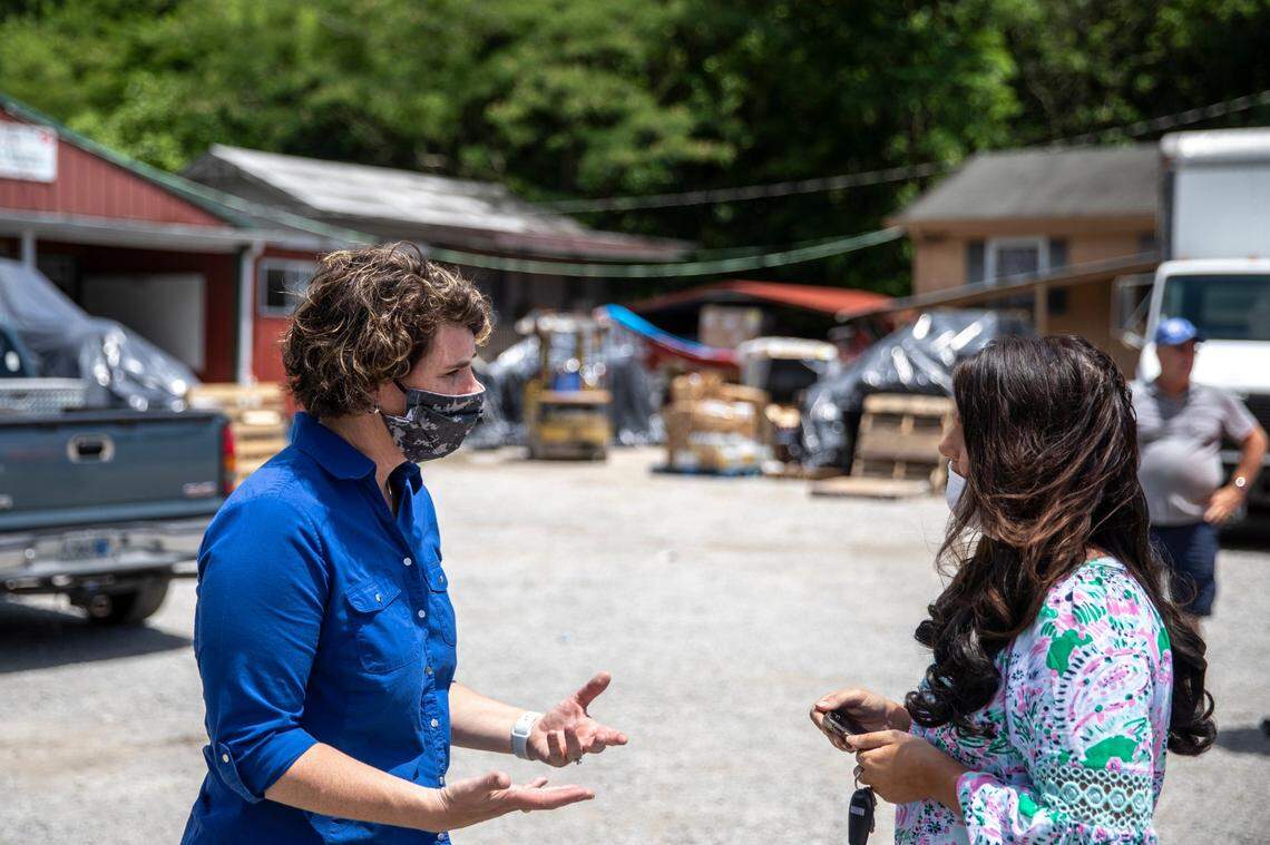 U.S. Senate candidate Amy McGrath speaks to supporters during a visit to Thankful Hearts Food Pantry in Pikeville, Ky., on Monday, June 22, 2020.