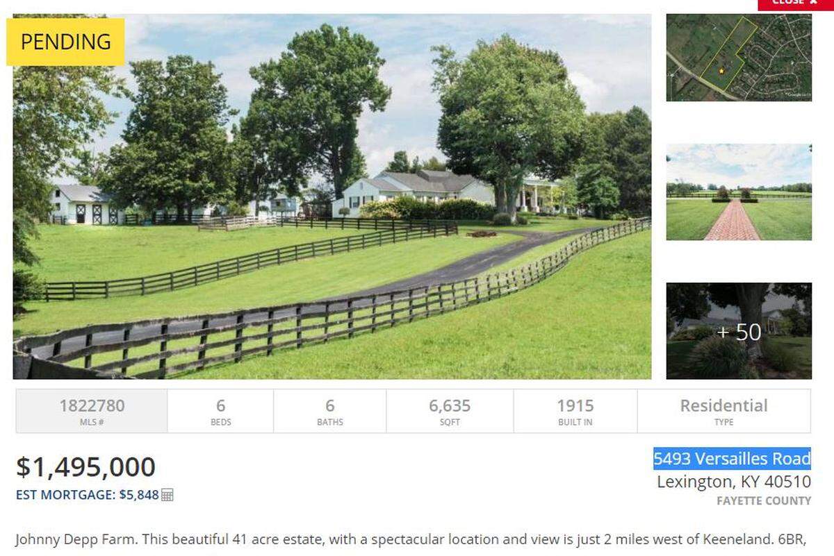 Johnny Depp’s horse farm in Lexington is listed as “pending” after two years on the market.