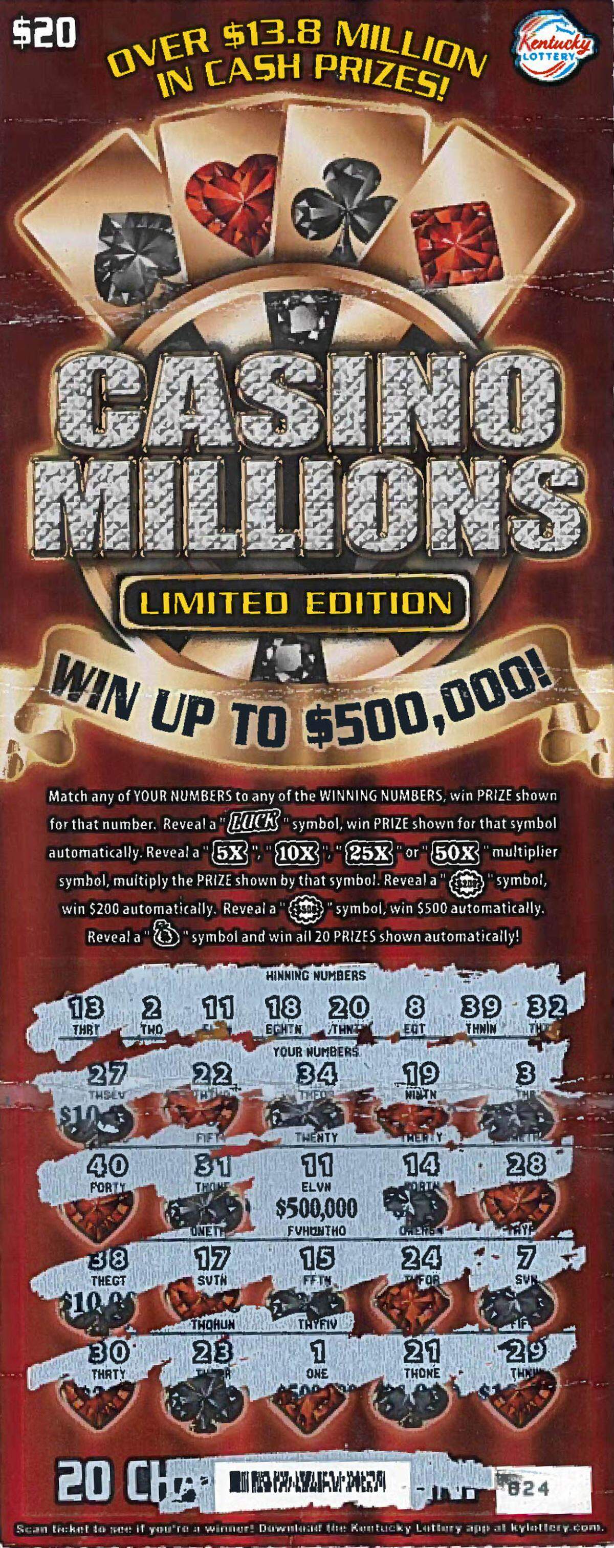 A Somerset couple won $500,000 before taxes in January with this scratch-off ticket from the Kentucky Lottery.