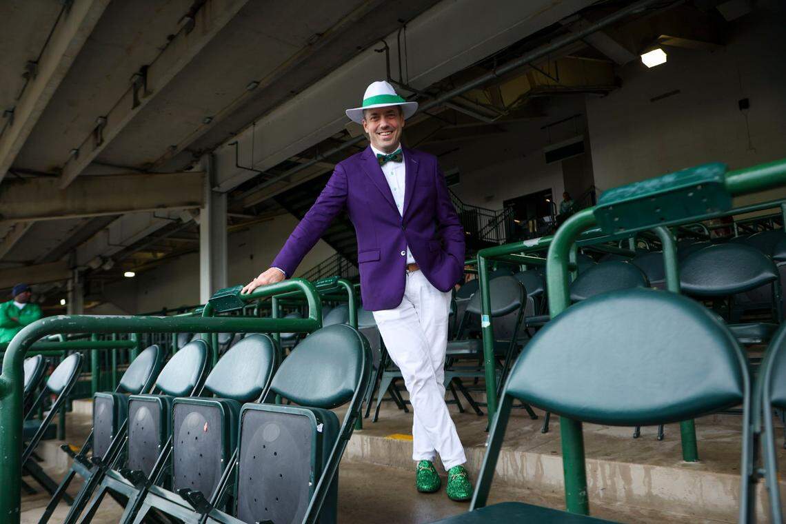Al Flanagan wore a peacock feather bow tie and a purple and green color scheme during Kentucky Derby 151 at Churchill Downs May 3, 2025.&nbsp;&nbsp;