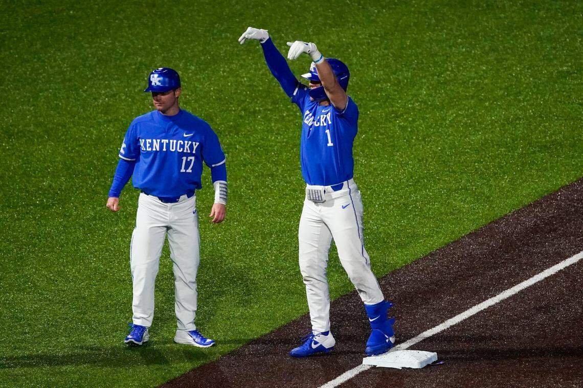 Kentucky’s John Rhodes celebrated a triple during a UK win last spring. The Tennessee native said he dreams of leading the Wildcats to a College World Series. “I have friends who play for Vandy that have talked about winning it (in 2018) and I’m thinking, ‘Gosh, that sounds so cool.’”