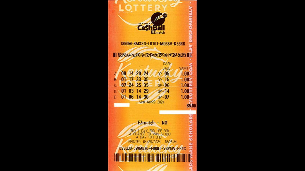 Richard Main's winning ticket for the Kentucky Lottery's Cash Ball game. Main won the game's April 29th draw with the numbers 1-17-33-35-15.
