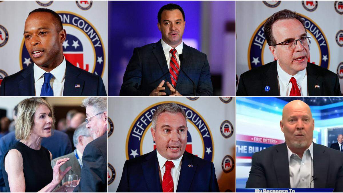 (Clockwise top left) GOP gubernatorial candidates Attorney General Daniel Cameron, Somerset Mayor Alan Keck, Auditor Mike Harmon, Northern Kentucky attorney Eric Deters, Commissioner of Agriculture Ryan Quarles, and former ambassador to the United Nations Kelly Craft.