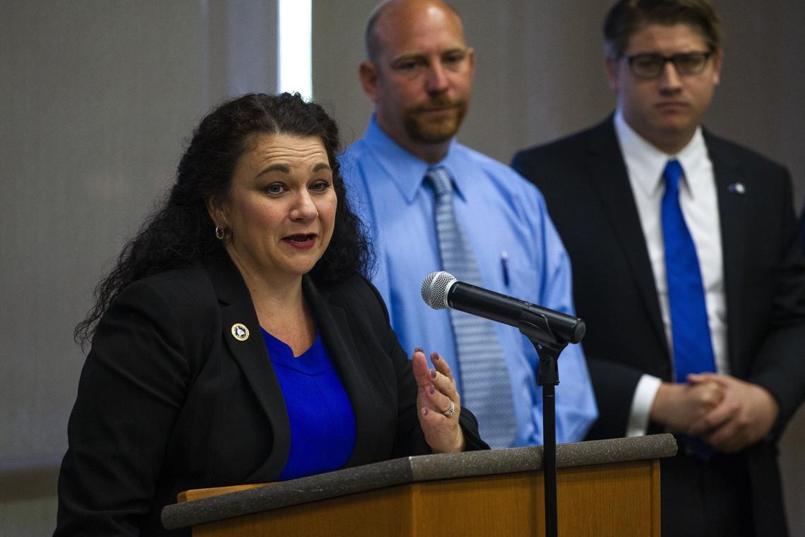 Sate Rep. Angie Hatton, D-Whitesburg, spoke at a news conference in 2018.