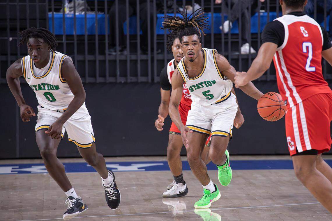Bryan Station Defenders Amari Owens and Alaji Bojang hustle down court after a rebound during the girls and boys doubleheader high school basketball game at Historic Memorial Coliseum on Jan. 23, 2026, in Lexington, Ky.