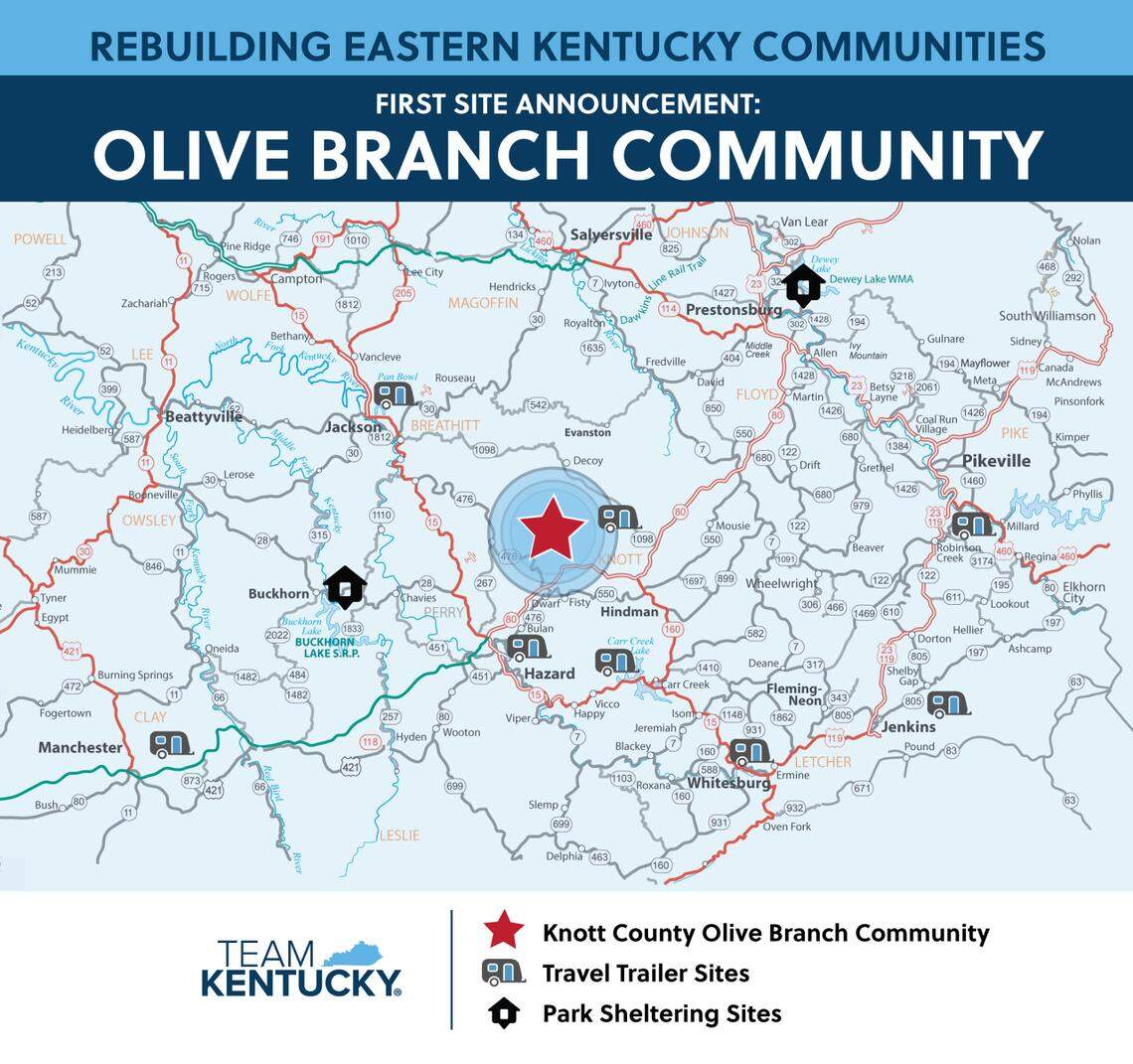 The location of the future Olive Branch community in Knott County.