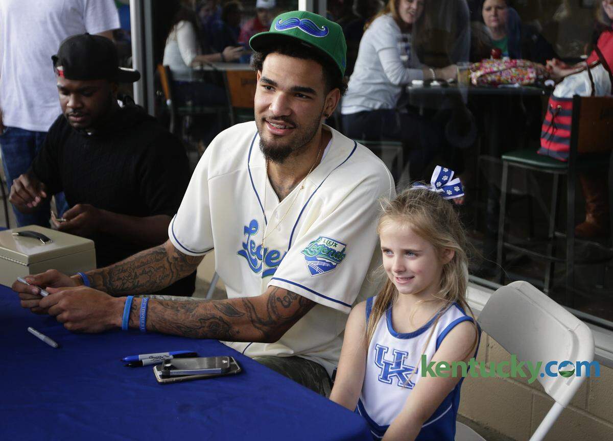 Willie Cauley-Stein, left, posed with Piper Lee as he signed autographs before a Lexington Legends game. Only one Kentucky Wildcats basketball player blocked more shots in a UK uniform than the 233 Cauley-Stein blocked in his three-year Cats career.