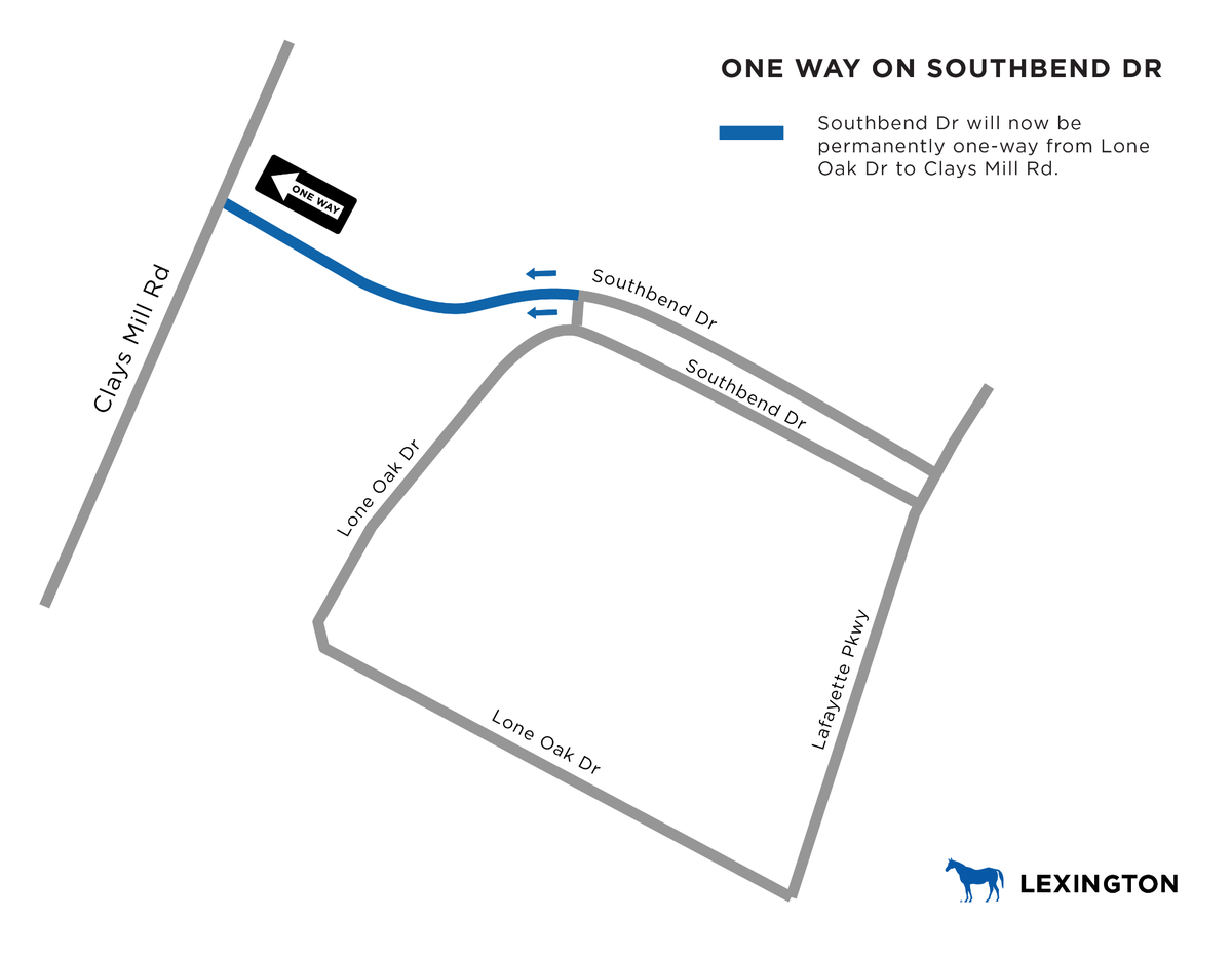 Southbend Drive between Clays Mills Road and Lone Oak Drive is now a one-way street after a months-long road improvement project in the area was completed in December 2022.