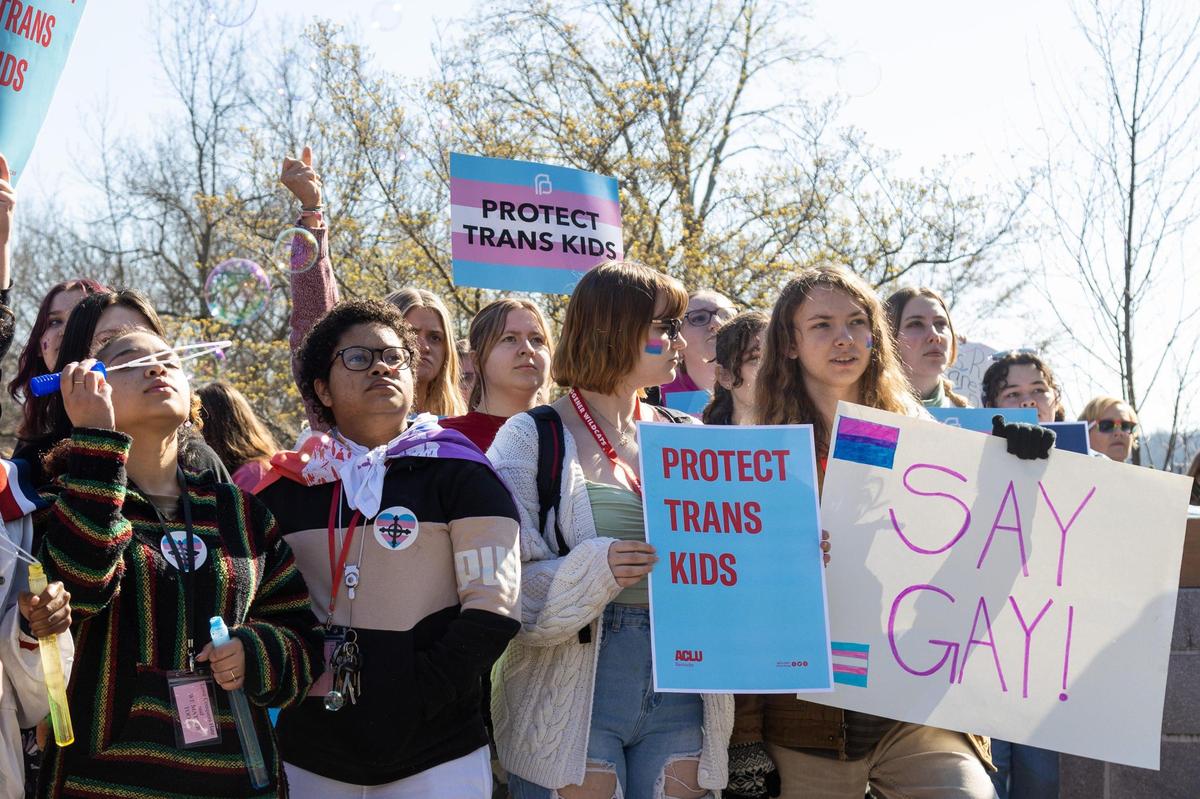 Teens from various areas of Kentucky gathered in front of the Kentucky Capitol Annex building Wednesday morning to protest against SB150 which would ban gender-affirming health care for transgender teens, March 29, 2023