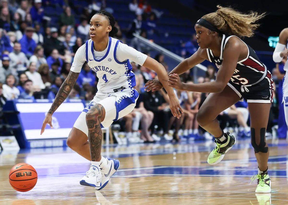 Kentucky women’s basketball fell to 11-17 overall and 4-10 in Southeastern Conference play after Sunday’s 103-55 loss to South Carolina on Senior Day. Eniya Russell (4) scored six points in facing her former team.