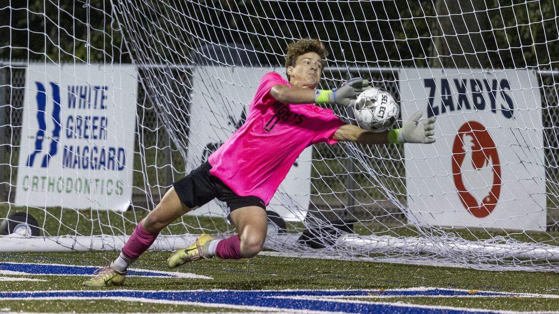 Lexington Catholic's Gregory Brown (0) makes a stop during the Knight's 4-0 loss to the Generals in the 43rd District championship game, Thursday, Oct. 9, 2025 at Lexington Catholic in Lexington, Ky.