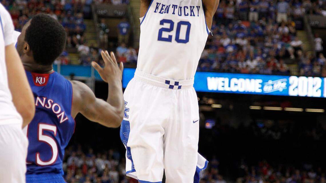 Doron Lamb (20) of the Kentucky Wildcats put up a shot in second half action in the championship game of the NCAA Final Four basketball tournament Monday, April 2, 2012, in New Orleans. Photo by Mark Cornelison | Staff