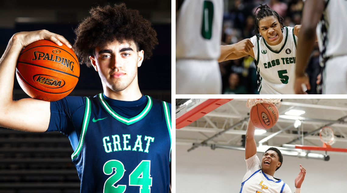 Malachi Moreno, left, Darius Acuff Jr., top right, and Meleek Thomas, bottom right, are all five-star recruits in the 2025 high school basketball recruiting class. Moreno is one of three Kentucky signees in the 2025 class. Acuff and Thomas are two of three Arkansas signees in the 2025 class.