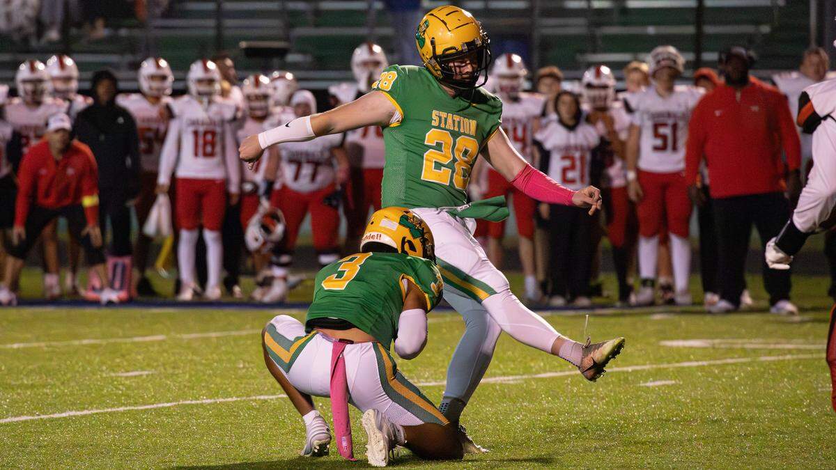 Defenders K/P John Hannan (28) kicks the winning field goal during the George Rogers Clark vs Bryan Station game on Oct. 10, 2025, in Lexington, Ky.