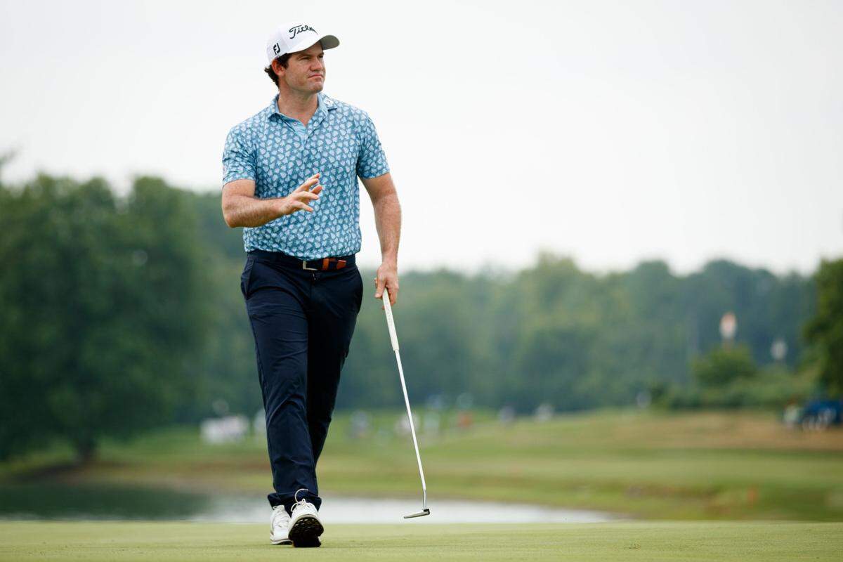 Ricardo Gouveia of Portugal waves to fans after making a putt for birdie on the 18th hole during the first round of the 2022 PGA Barbasol Championship. Gouveia was one of dozens of international players in last year’s field.