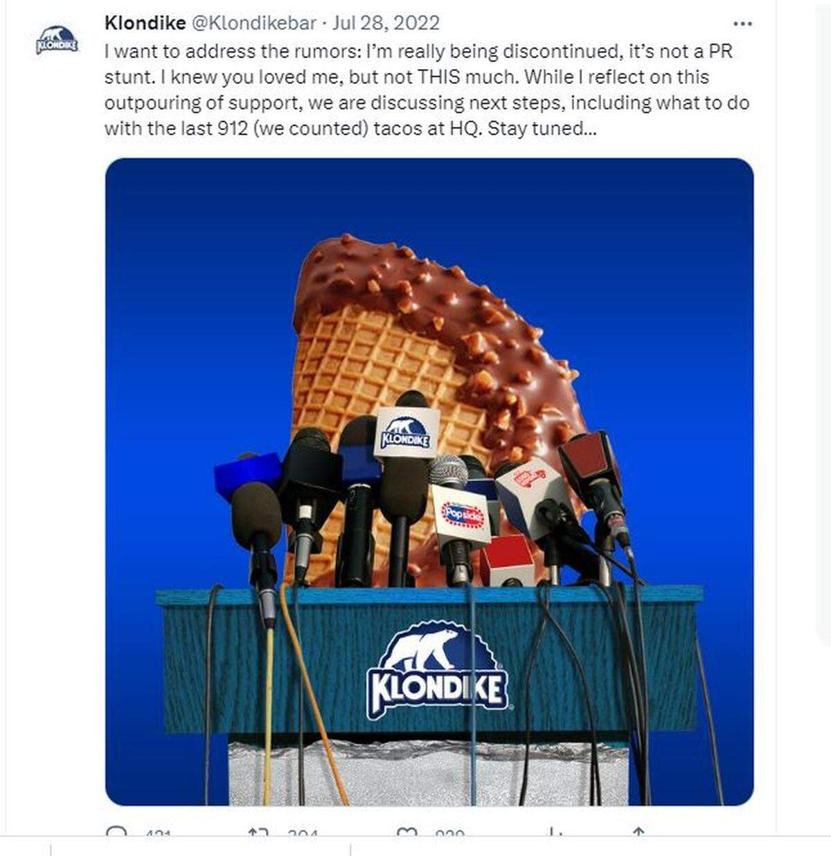 Last summer, Klondike staged a “press conference” on Twitter to announce the retirement of the Choco Taco after nearly 40 years.
