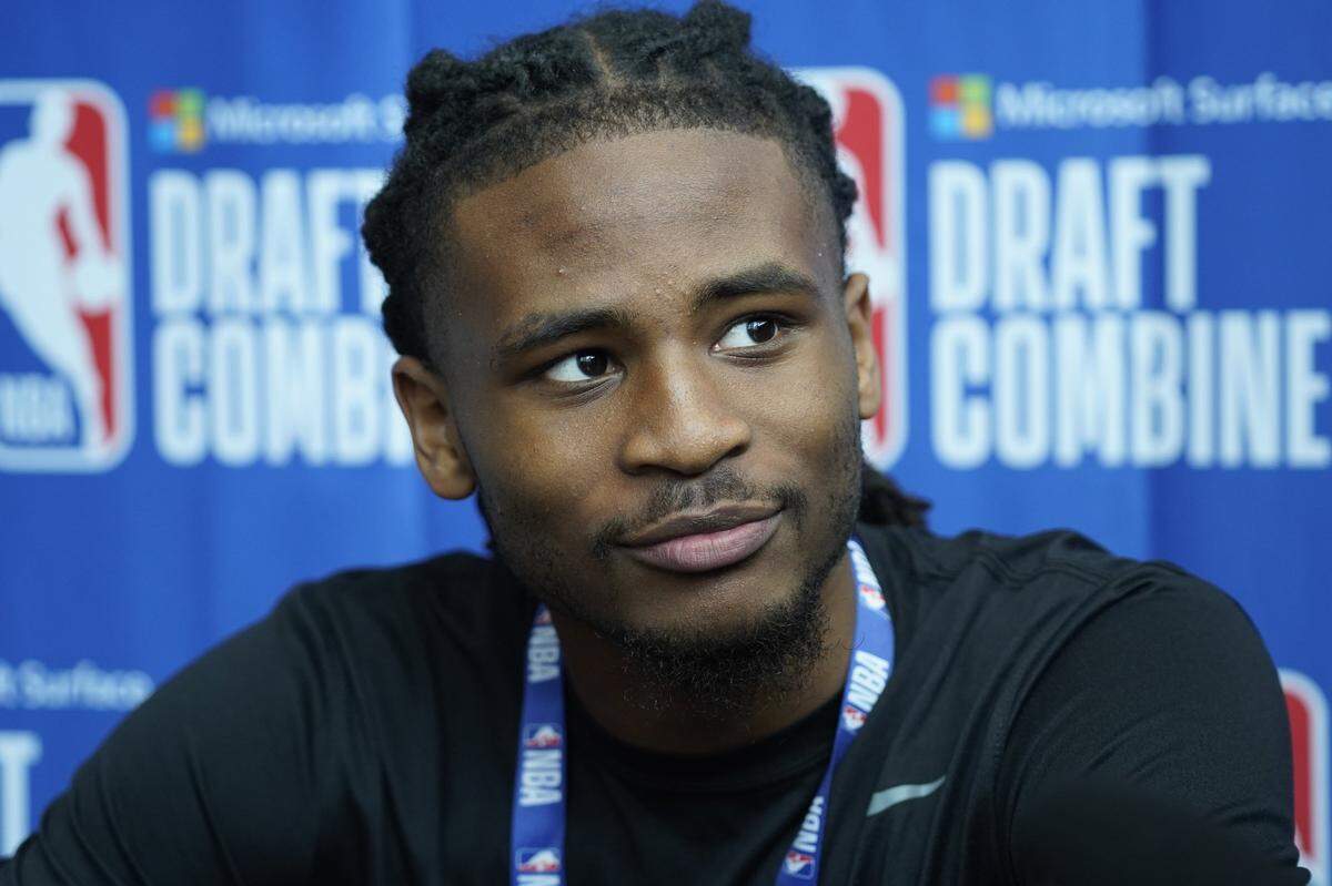 Cason Wallace talks to the media during the NBA Draft Combine at Wintrust Arena in Chicago on Wednesday.