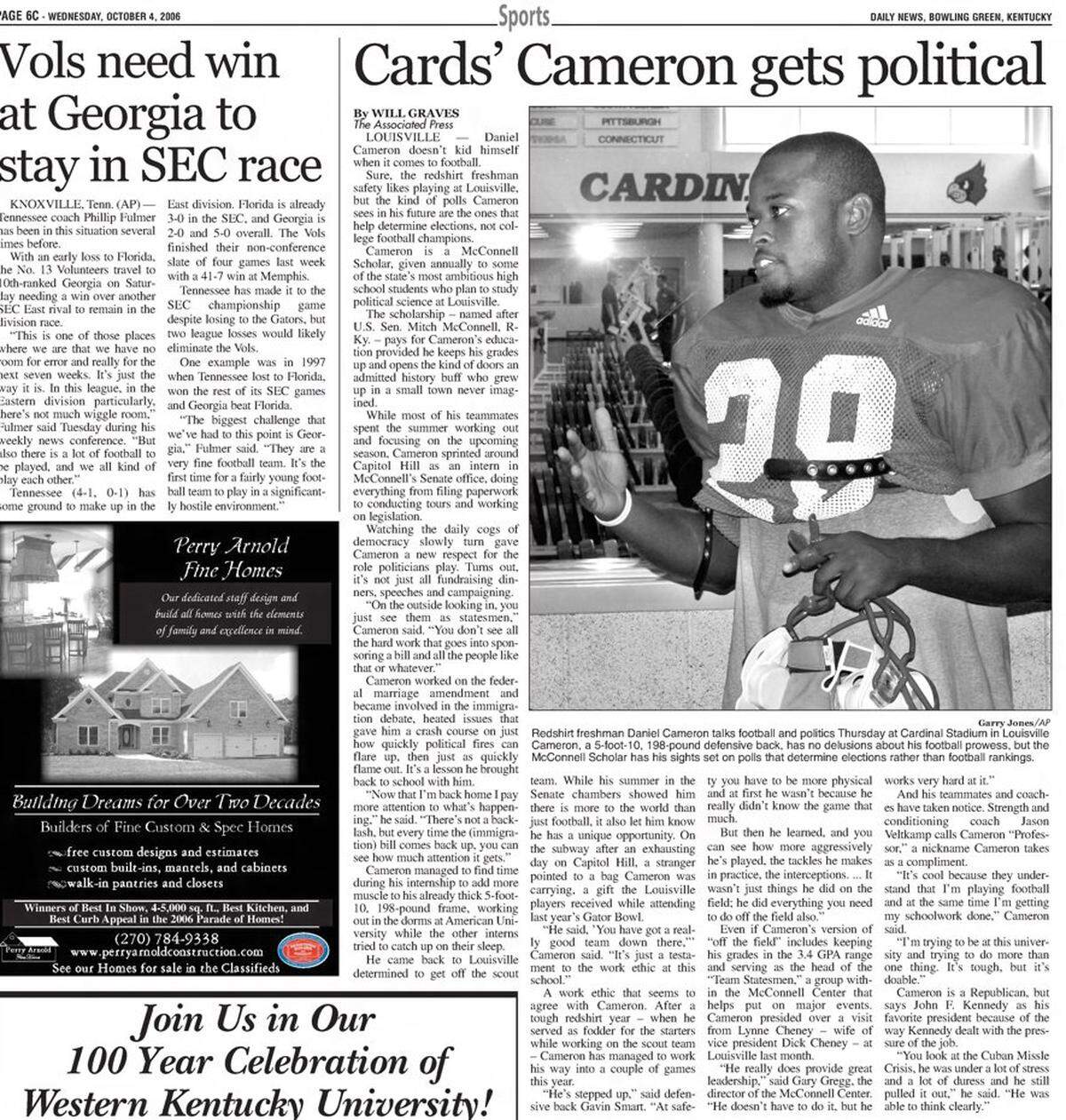 A Bowling Green Daily News clipping of an Associated Press story on then-University of Louisville student-athlete Daniel Cameron.