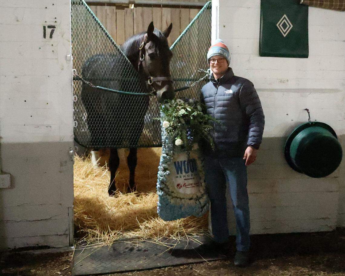 Riley Mott, right, is making his Kentucky Derby debut as a trainer this year. One of Mott’s expected Derby starters is Albus, left, who won the Grade 2 Wood Memorial Stakes in April at Aqueduct Racetrack in New York. 