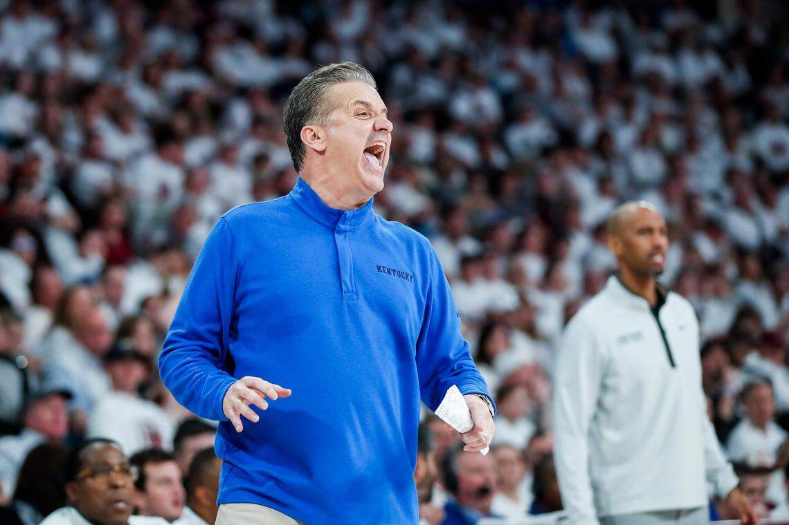 Kentucky head coach John Calipari calls to his players during his team’s game against Mississippi State at Humphrey Coliseum in Starkville on Feb. 15.
