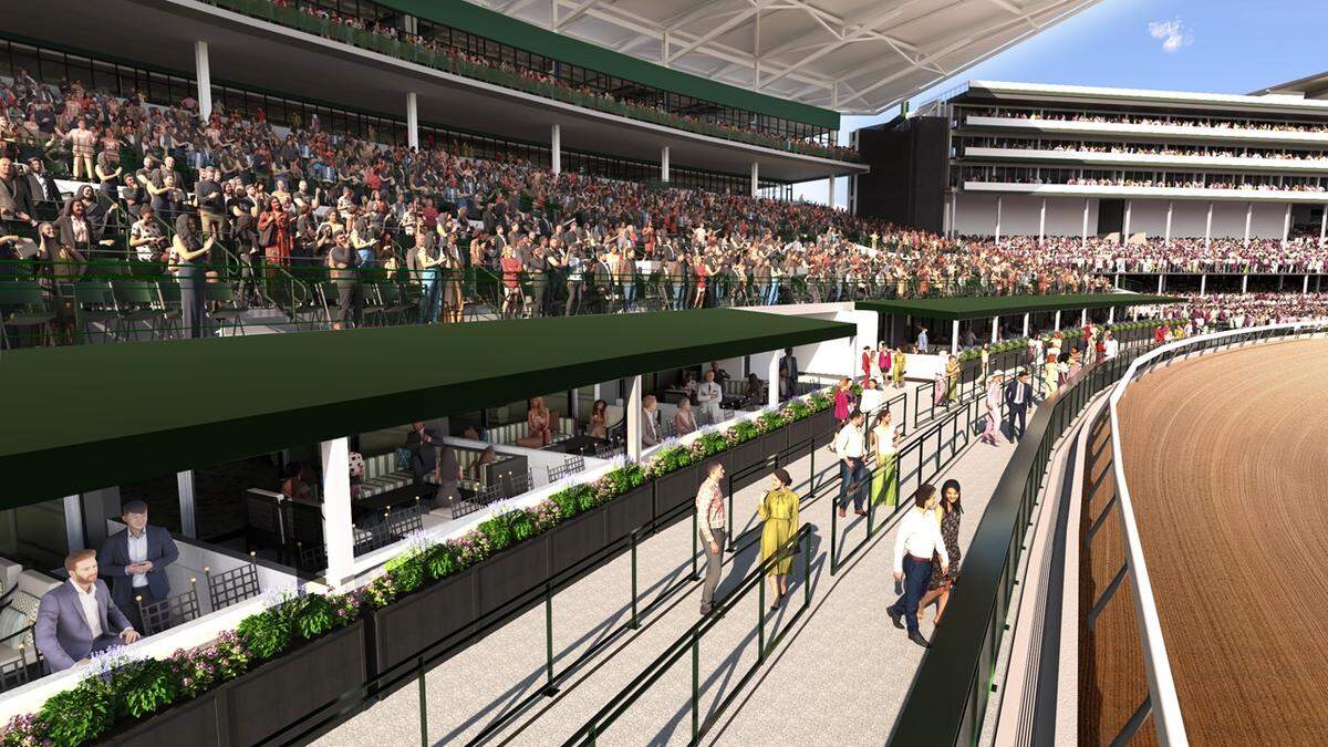 Churchill Downs Inc.’s next growth project at its racetrack in Louisville, Ky., is a four-story structure on the first turn between the First Turn Club and the Skye Terrace, shown here in a rendering. The project is anticipated to begin construction in 2026 and be complete in time for the Kentucky Derby in 2028. 