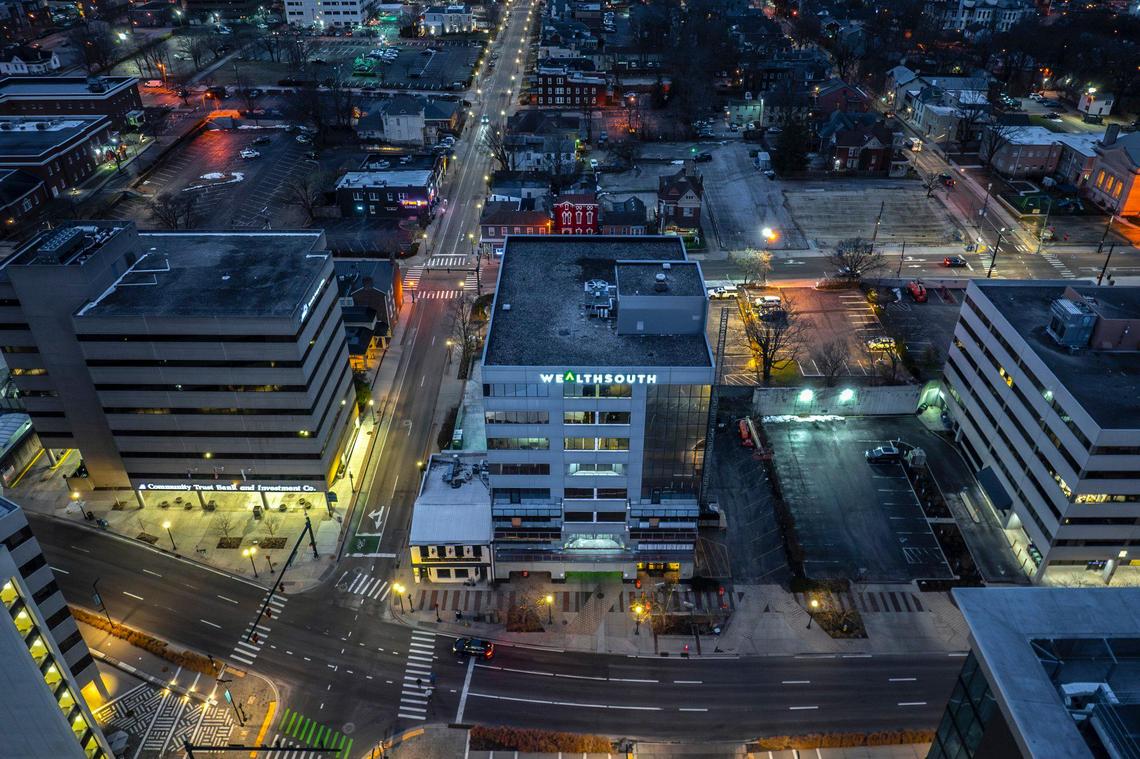 The Vine, located in the center of the photo, an office building at 106 W. Vine St. is being converted into upscale condominiums, will open its new, ninth floor restaurant, The V, to the public Sept 12. It’s Lexington’s first commercial to residential conversion, with 19 of the 21 condos sold. 