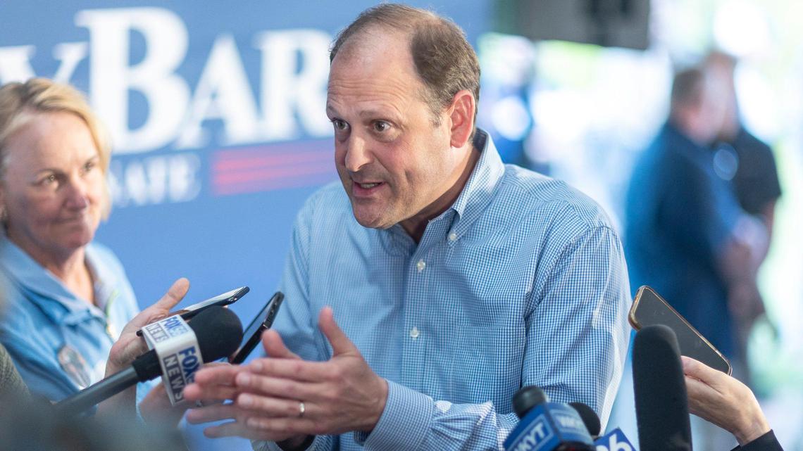 U.S. Rep. Andy Barr speaks with members of the media after announcing he’s running for the U.S. Senate during a campaign launch at Lynwood Estate in Richmond, Ky., on Tuesday, April 22, 2025.