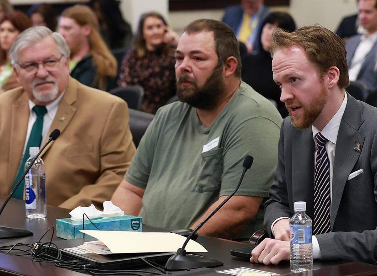 Rep. T.J. Roberts, R-Burlington, (right) spoke Feb. 18, 2025, on House Bill 422 during a House Judiciary Committee hearing. Dean Tipton (center) and Rep. Daniel Fister, R-Versailles, (left) also spoke at the hearing.