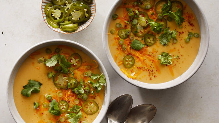 Warm up with this recipe: Cheesy Potato soup with a sweet-hot kick