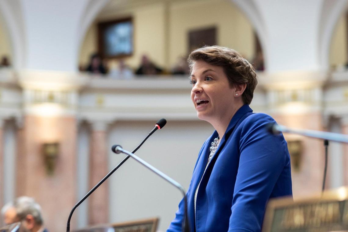 Rep. Josie Raymond speaks against HB 470 at the Capitol in Frankfort, Ky., Thursday, March 2, 2022.