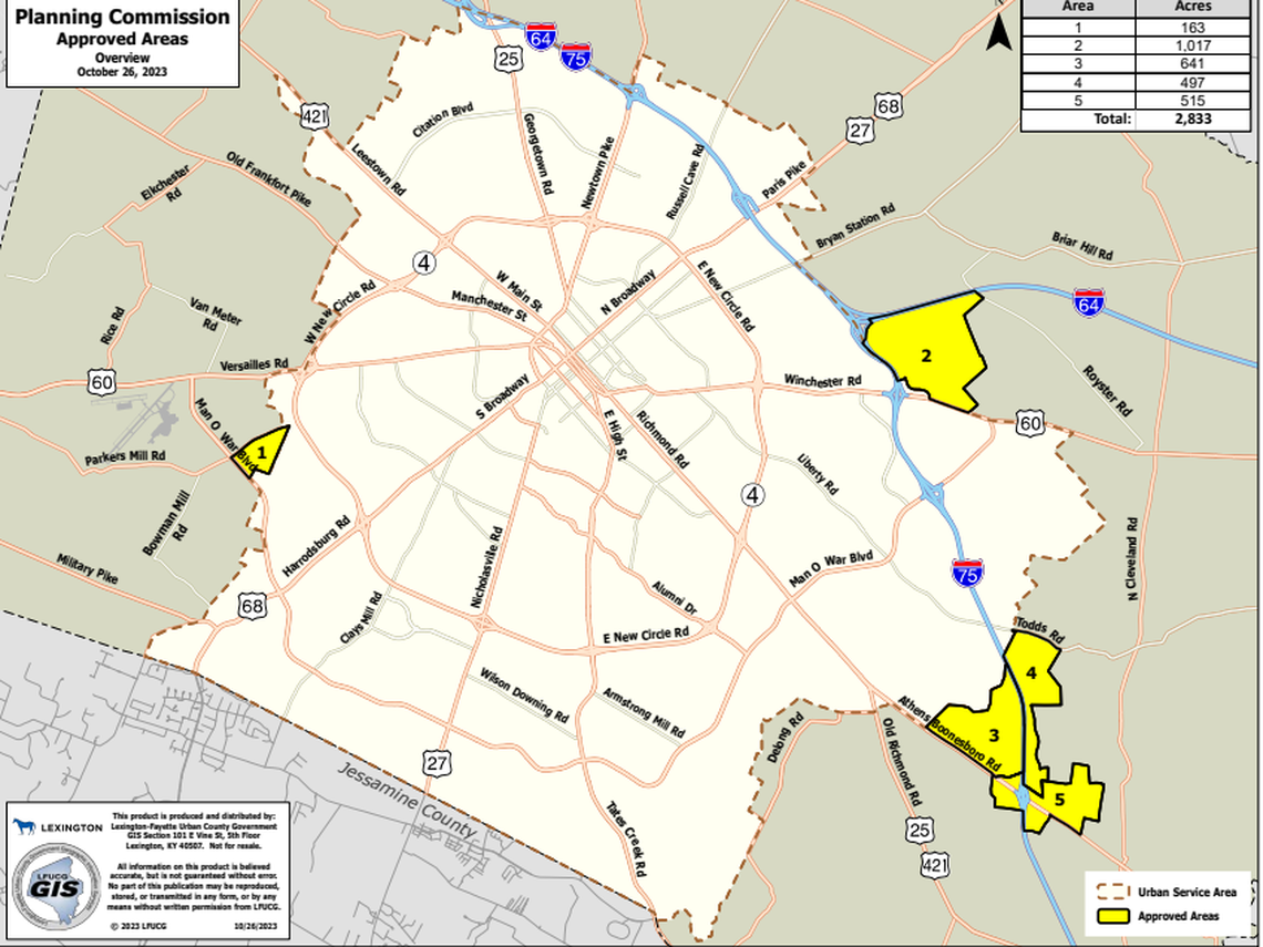 The Urban County Planning Commission has recommended adding more than 2,853 acres to the expansion area. The commission voted to include a large portion of the area around Athens Boonesboro Road and Interstate 75. The newest proposed area is area 5.