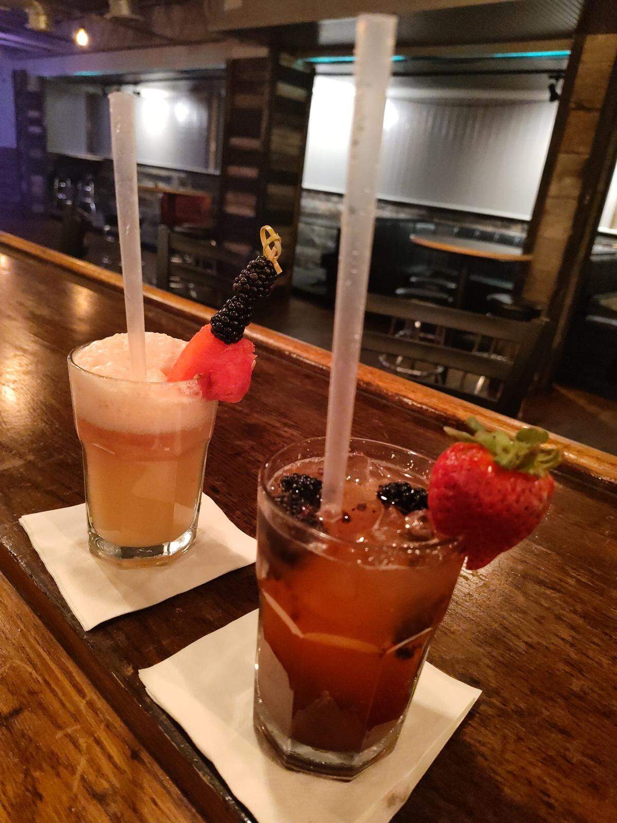 The Watermelon Moon, left, and Berry Blast Off, two mocktails from the new Cosmic Fry on Lexington’s North Broadway. Drinks can be infused with CBD or Delta 9.