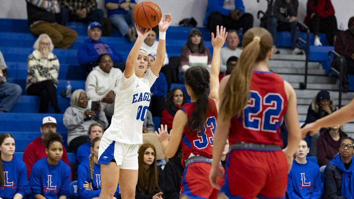 Lexington Christian’s Piper Graham fired a 3-point shot against Lafayette during the Eagles’ 45-37 loss at home Monday. Graham scored 16 points Friday in LCA’s All “A” Classic quarterfinal victory over Monroe County..