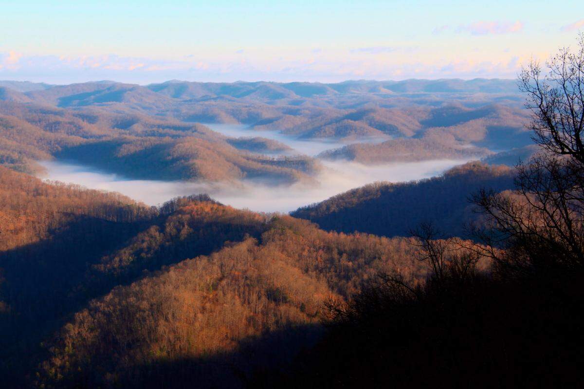 Early-morning fog settles in near the mountain town of Whitesburg in rural Eastern Kentucky.