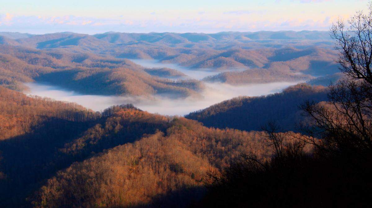 Early-morning fog settles in near the mountain town of Whitesburg in rural Eastern Kentucky.