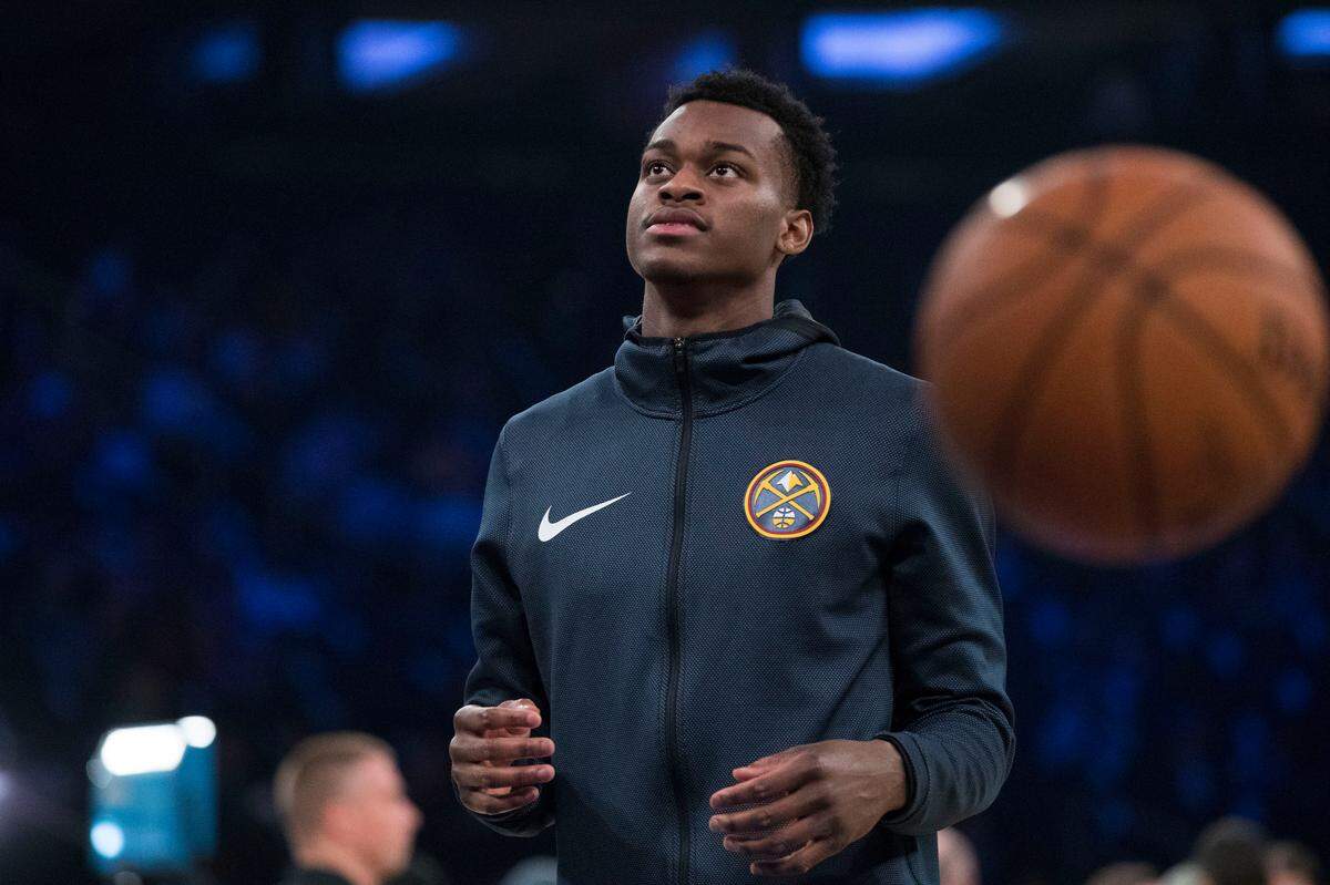 The Denver Nuggets’ Jarred Vanderbilt warmed up before the team took on the New York Knicks on March 22.